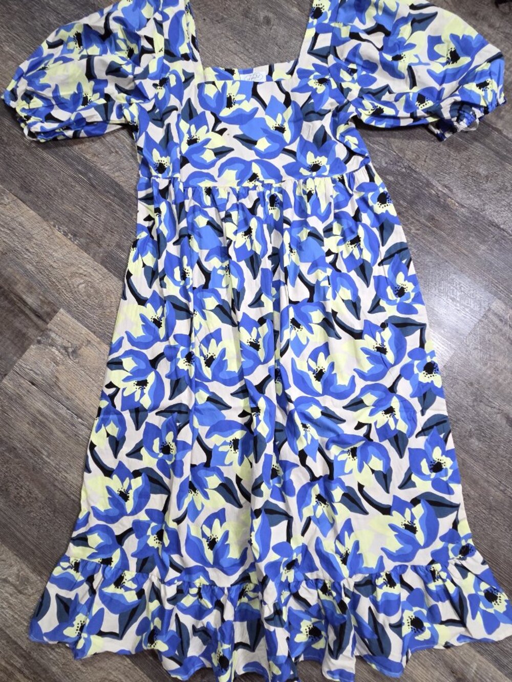Mud Pie 'Gentry' Print Midi Dress Short-Puff Sleeves Square-Neck Sz Med NWT